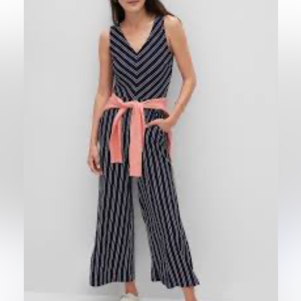 NWT Banana Republic Moss Crepe Navy and White Striped Jumpsuit